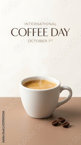Celebrating international coffee day with a freshly brewed cup and coffee beans