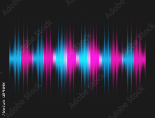 Abstract blue and pink neon audio waveform glowing on dark background.