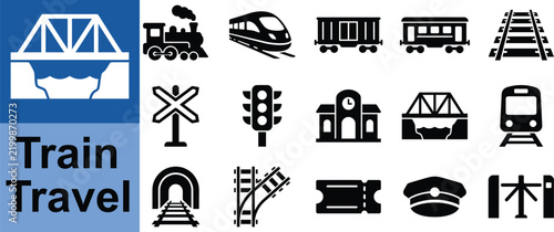 Set of train and railway transportation icons featuring locomotives, tracks, signals, stations, and travel elements in flat vector style