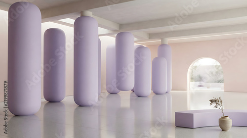 Series of tall pastel columns arranged in modern minimalist interior space with bench