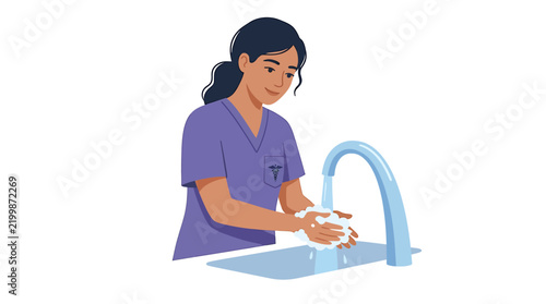 Hispanic Veterinarian Rinsing White Soap Under Blue Water