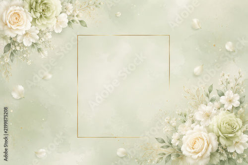 Floral wedding invitation background with white roses, gold frame, and green watercolor wash for bridal shower, anniversary, and greeting card design
