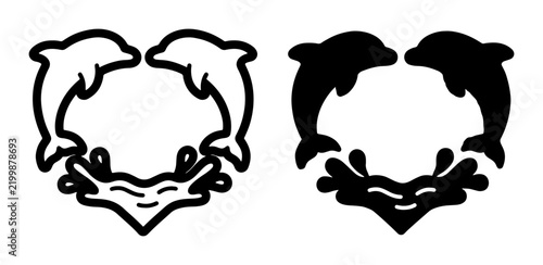 Two Dolphins forming a Heart shape, jumping from water splashes, vector icons in black and white outlines and solid fill for marine life and love themes