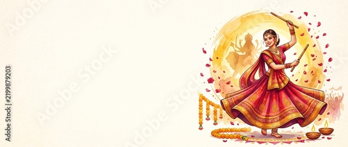 Indian Woman Dancing Garba Dandiya Raas in Chaniya Choli with Goddess Durga Silhouette, Marigold Garland, and Copy Space for Navratri and Durga Puja Banner