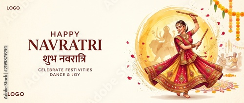 Happy Navratri Greeting Banner with Indian Woman Dancing Garba Dandiya Raas in Chaniya Choli and Goddess Durga Silhouette