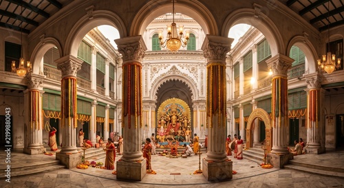 Traditional Bonedi Bari Durga Puja Celebration in Heritage Courtyard with Goddess Durga Idol and Devotees in Kolkata