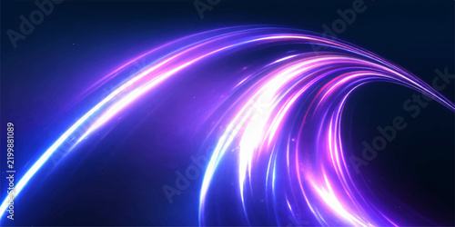 Abstract Blue Space Background with Glowing Waves, Flowing Light Lines, Purple and Pink Energy Swirls, Dynamic Motion and Futuristic Digital Wallpaper Design