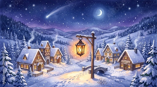 Magical winter village scene with glowing lamplight under a starry night sky and comet