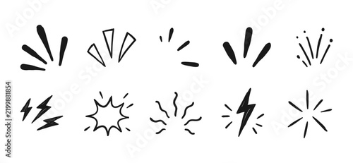 Hand drawn burst and lightning doodle collection with varied outline shapes, comic explosion details, clean monochrome line art for greeting cards, packaging, patterns, icons, borders