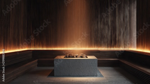 Ultra realistic luxury contemporary sauna interior, inside view, one central glowing sauna heater surrounded by smooth natural stones, vertical dark