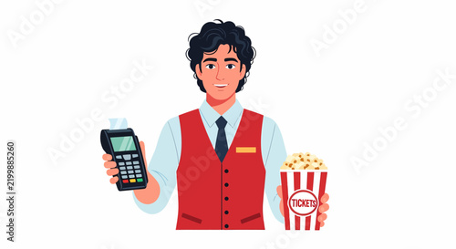 Hispanic Cinema Usher Holding Black Mobile Payment Terminal
