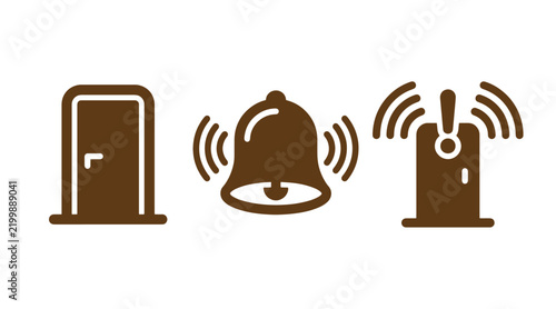 Doorbell and home security alarm system graphic icons with doorbell security notification protection communication technology interface illustration monochrome automation