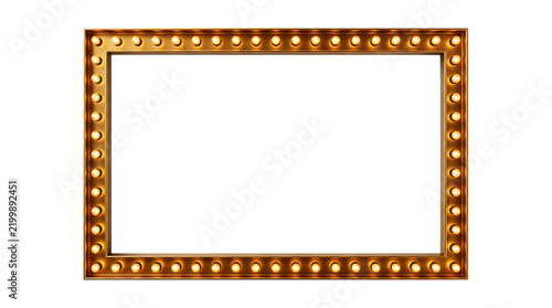 Vintage marquee light frame with glowing lightbulbs, retro theater sign border on white background, golden cinema vanity mirror frame
