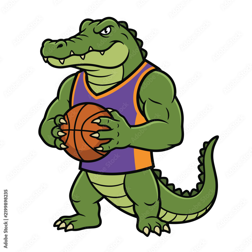 Obraz premium Muscular alligator mascot character holding a basketball