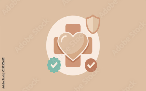 Heart on medical plus sign with shield and checkmarks