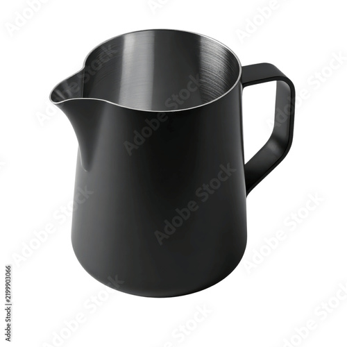 Black Metal Milk Frothing Pitcher with Handle and Spout on Solid Green Background