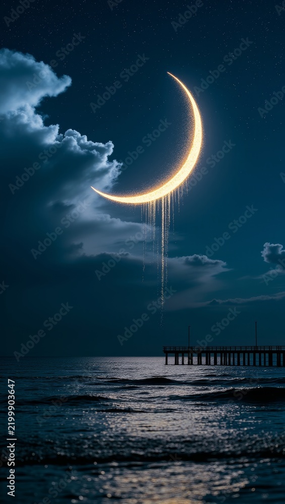 Fototapeta premium Crescent moon glowing and dripping golden stardust over dark ocean with pier under starry night