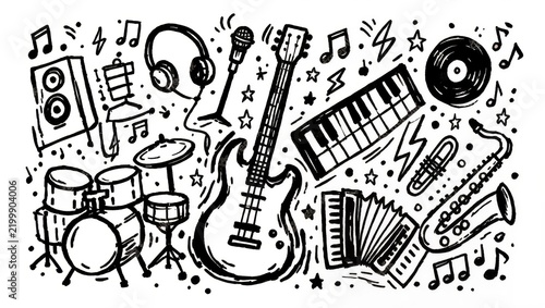 Hand Drawn Music Doodle Collection with Musical Instruments, Notes and Audio Equipment on White Background