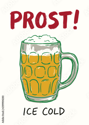 Hand drawn beer mug illustration with Prost text for festival celebration