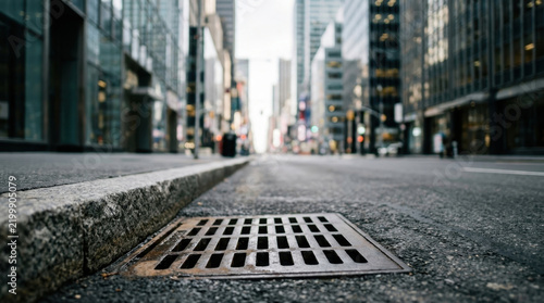 Storm drain on a city street between tall skyscrapers in downtown