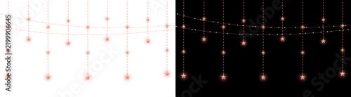 Rose gold curtain string lights with sparkling star decorations hanging against both white and black backgrounds
