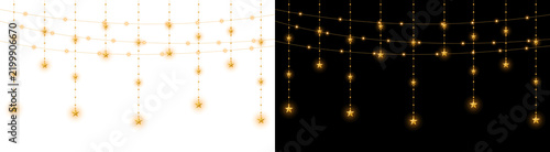 Golden hanging fairy light garlands with glowing stars on both black and white backgrounds for festive holiday decor