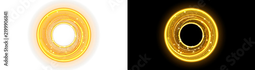 Abstract golden glowing circular vortex with light particles and swirl motion effect for festive design and magic elements