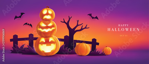 Paper Graphic Style Halloween Theme Banner with Group of Jack O Lantern