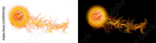 Abstract fiery energy burst with glowing light trails and flowing particle lines on black and white background split view