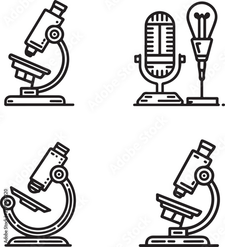 Microscope Line Art Icons for Science and Research Design
