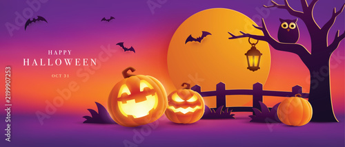 Paper Graphic Style Halloween Theme Banner with Group of Jack O Lantern