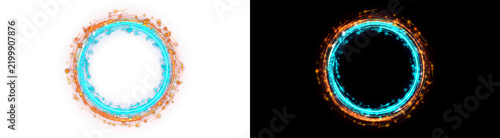 Abstract circular light frame with glowing blue and orange particle rings for design use