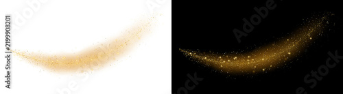 Abstract golden glitter wave of shimmering dust particles flowing on dark and light backgrounds for magical design projects
