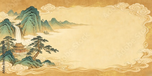Landscape Frame Teal Mountains Waterfall Pine Trees Pavilion Stylized Waves Gold Leaf Traditional Chinese Painting