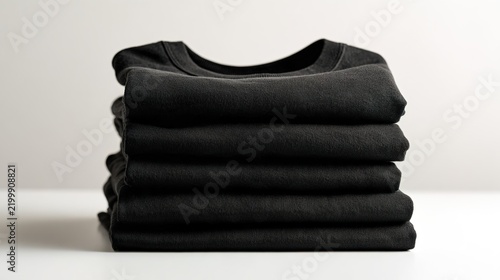 wardrobe. Neatly stacked black T-shirts arranged on a white surface, showcasing simplicity and modern style. lifestyle magazines.