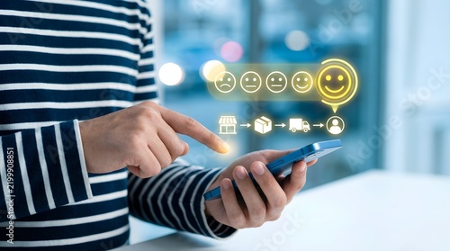 Customer satisfaction rating on smartphone, person providing positive feedback with smiley face icons, digital consumer experience and logistics tracking