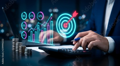 Business performance analytics with neon target icon, financial data charts and graphs, professional accountant using calculator for investment growth