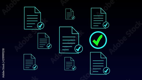 Business person using a laptop with document icons with checkmarks representing document management, quality control, and digital work flow. Motion graphics of document verify concept,4k motion video