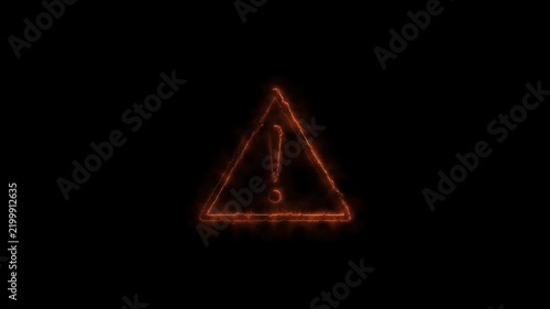 Glowing red Neon Warning Triangle Sign with Exclamation Mark on Black Background