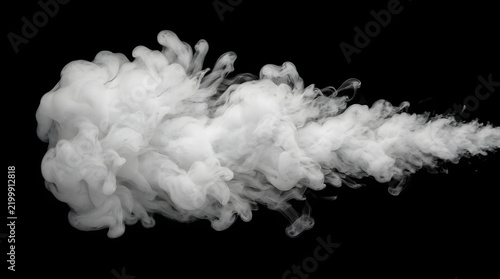 White smoke plume on black background, thick vapor cloud texture, swirling steam trail for overlay effects, cinematic gas explosion mist