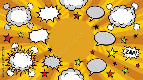 Bild auf Leinwand Pop Art Comic Book Background with Speech Bubbles, Explosions & Stars