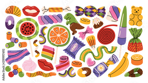 Various sweets set in whimsical shapes. Cartoon illustration of lollipops, gums, caramel, marmalade, candy canes, wrapped candy, chocolate, jelly, fruit bonbon, marshmallow, licorice and confectionery