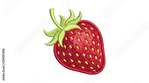 Embroidered strawberry motif with red fruit, green leaves and yellow seed details displayed against a white or transparent background