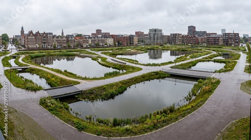 urban green space with ponds and paths for water management