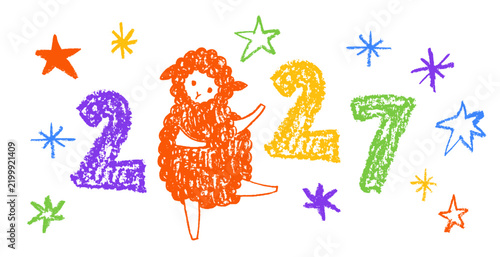 Funny crayon 2027 New Year card with cute hand drawn sheep and stars
