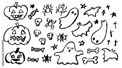 Black doodle crayon Halloween elements set. Cute scary hand drawn ghosts, pumpkins, spiders, bones, bats