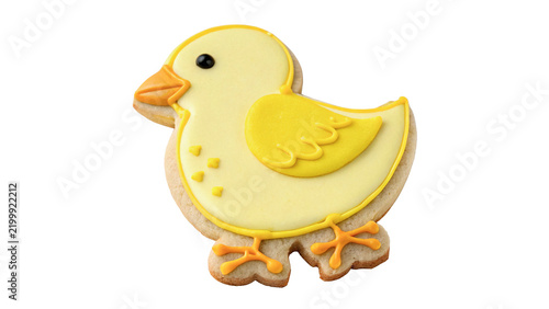 Bild auf Leinwand Cute yellow duck gingerbread cookie with icing on transparent background