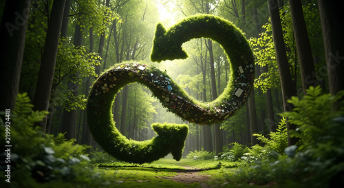 a circular economy concept with arrows forming a loop in a lush green forest