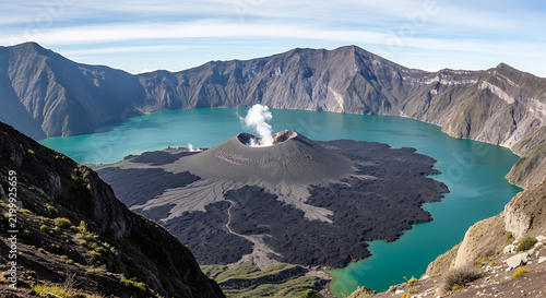 Mount Rinjani Volcano with Segara Anak Crater Lake in Lombok Indonesia