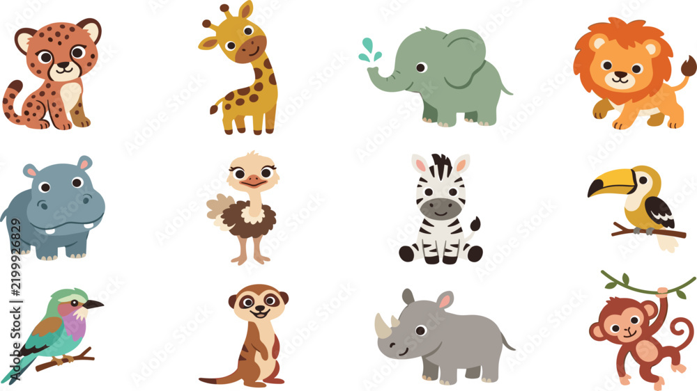 Obraz premium Adorable Wild Animal Character Collection Featuring Leopard, Giraffe, Elephant, Lion, Hippo, Zebra, Toucan, Rhino, Monkey, and Colorful Cartoon Wildlife
